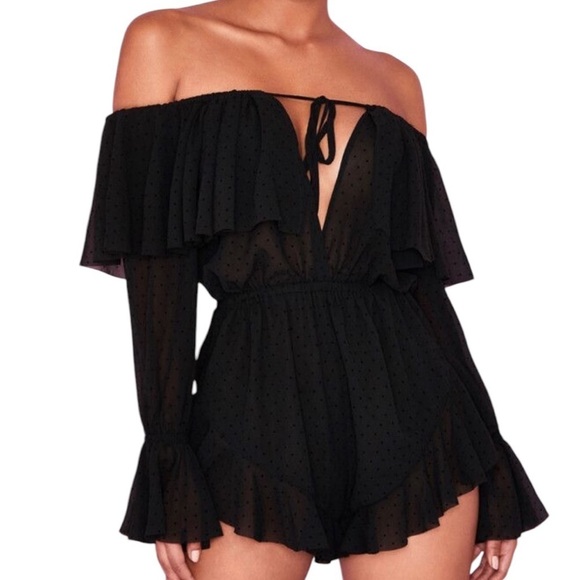 House of CB - Black 'Ramona' Playsuit, Size Small, Black Semi Sheer Swiss Dot - Picture 3 of 7